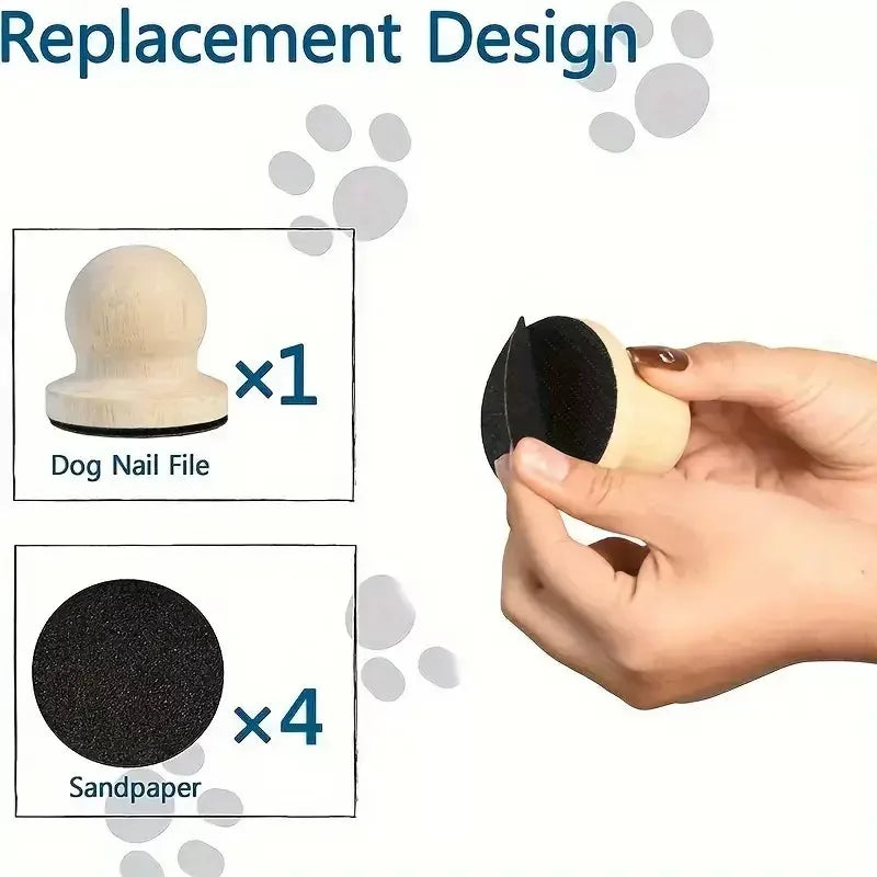 A hand holds a wooden-handle dog nail file next to four black sandpaper pads for grooming.