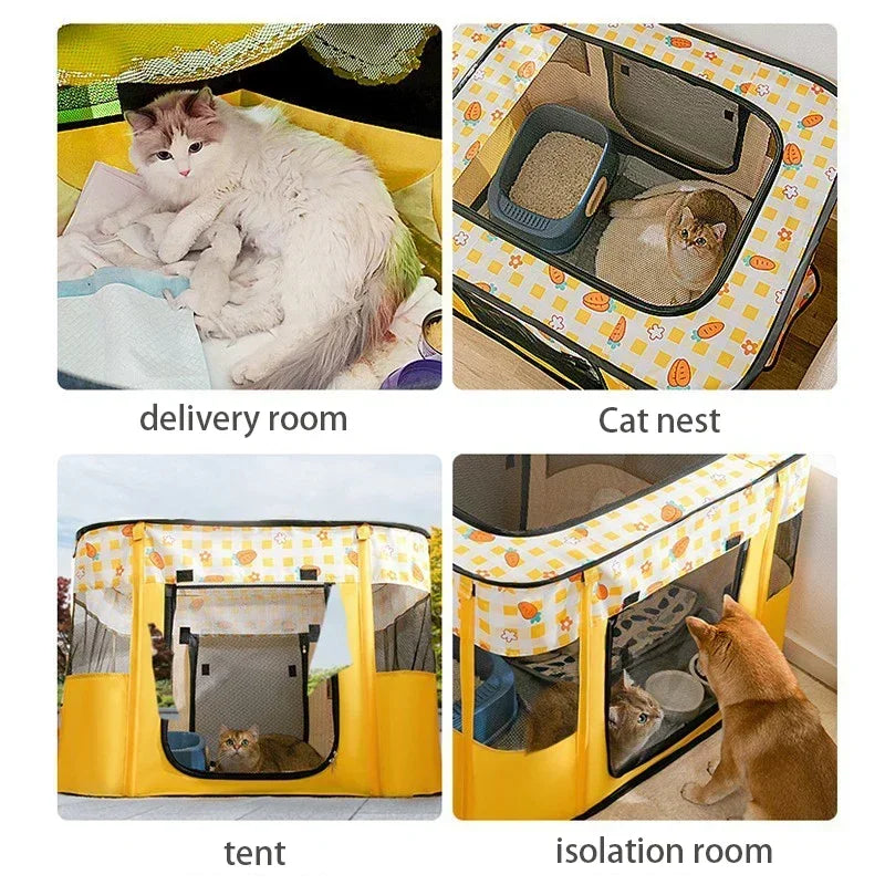 Various setups of a folding cozy cat tent bed including a delivery room, cat nest, tent, and isolation room.