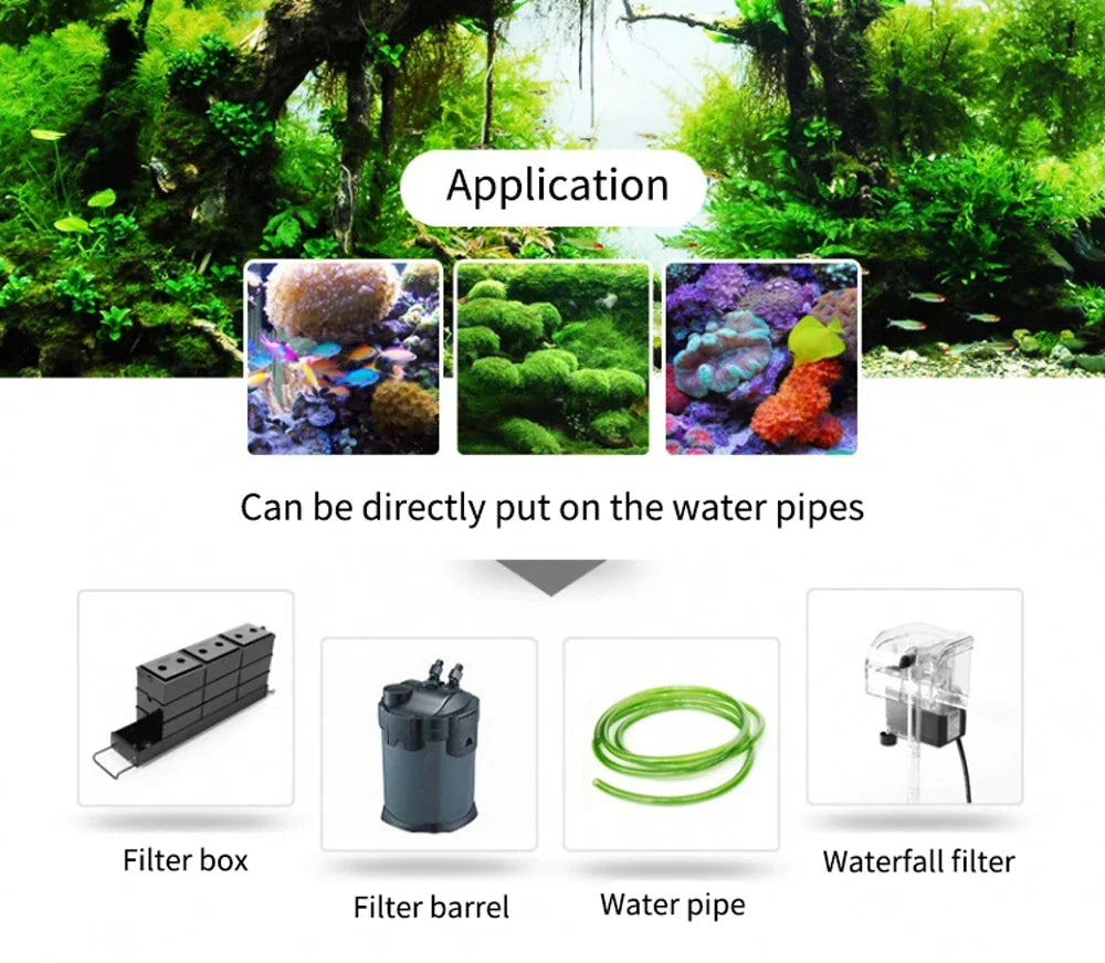 A set of aquarium intake pre-filter sponges, including a filter box, filter barrel, and waterfall filter.