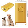 A yellow portable ultrasonic dog bark deterrent device shown in various views and next to a dog.