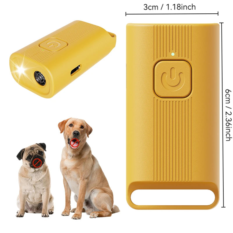A yellow portable ultrasonic dog bark deterrent device shown in various views and next to a dog.
