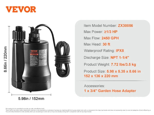 Submersible Utility Pump – 1/3 HP, 2450 GPH for Fast Water Removal
