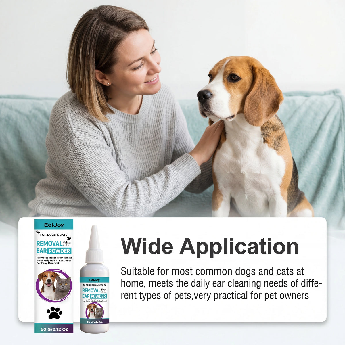A woman is gently cleaning a dog's ear with a powder product on a couch.