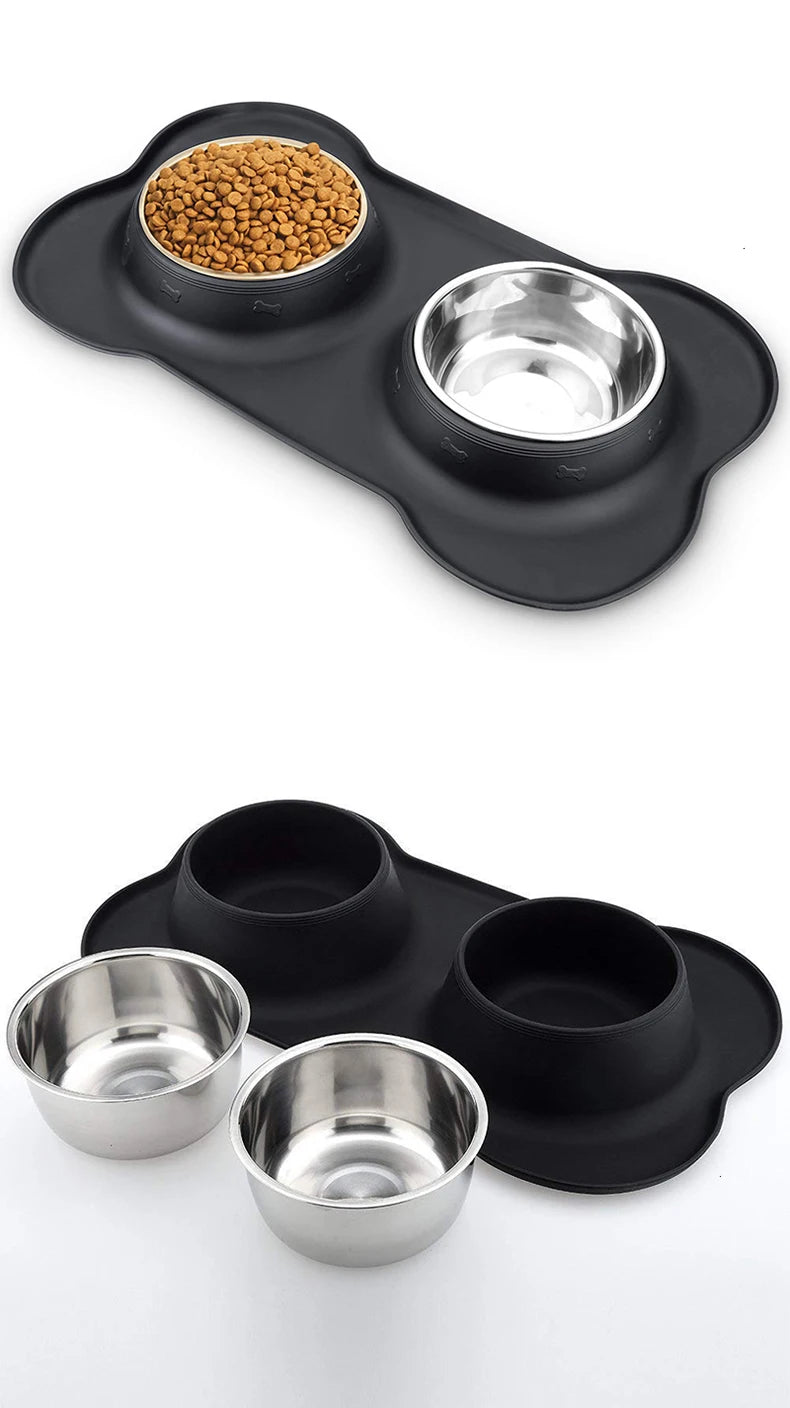 Double Dog Bowl Set with Anti-Slip Silicone Mat