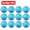 Twelve light blue reusable lint filter balls used for laundry