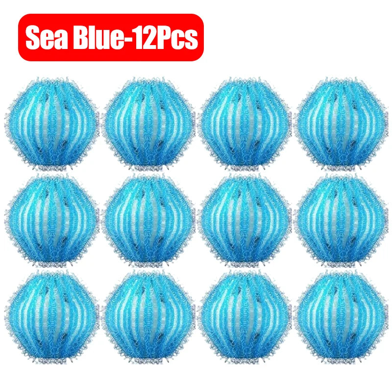 Twelve light blue reusable lint filter balls used for laundry
