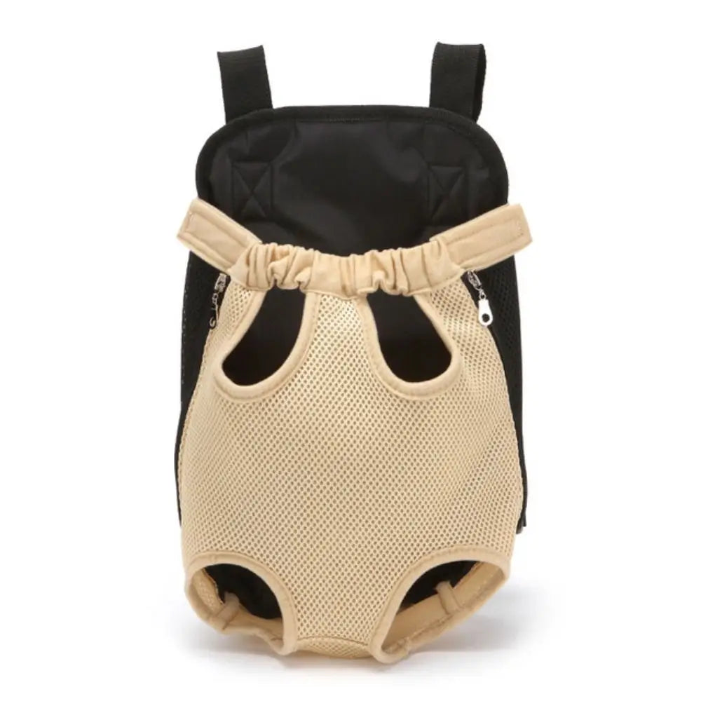 A beige convertible pet carrier backpack with black lining and straps.