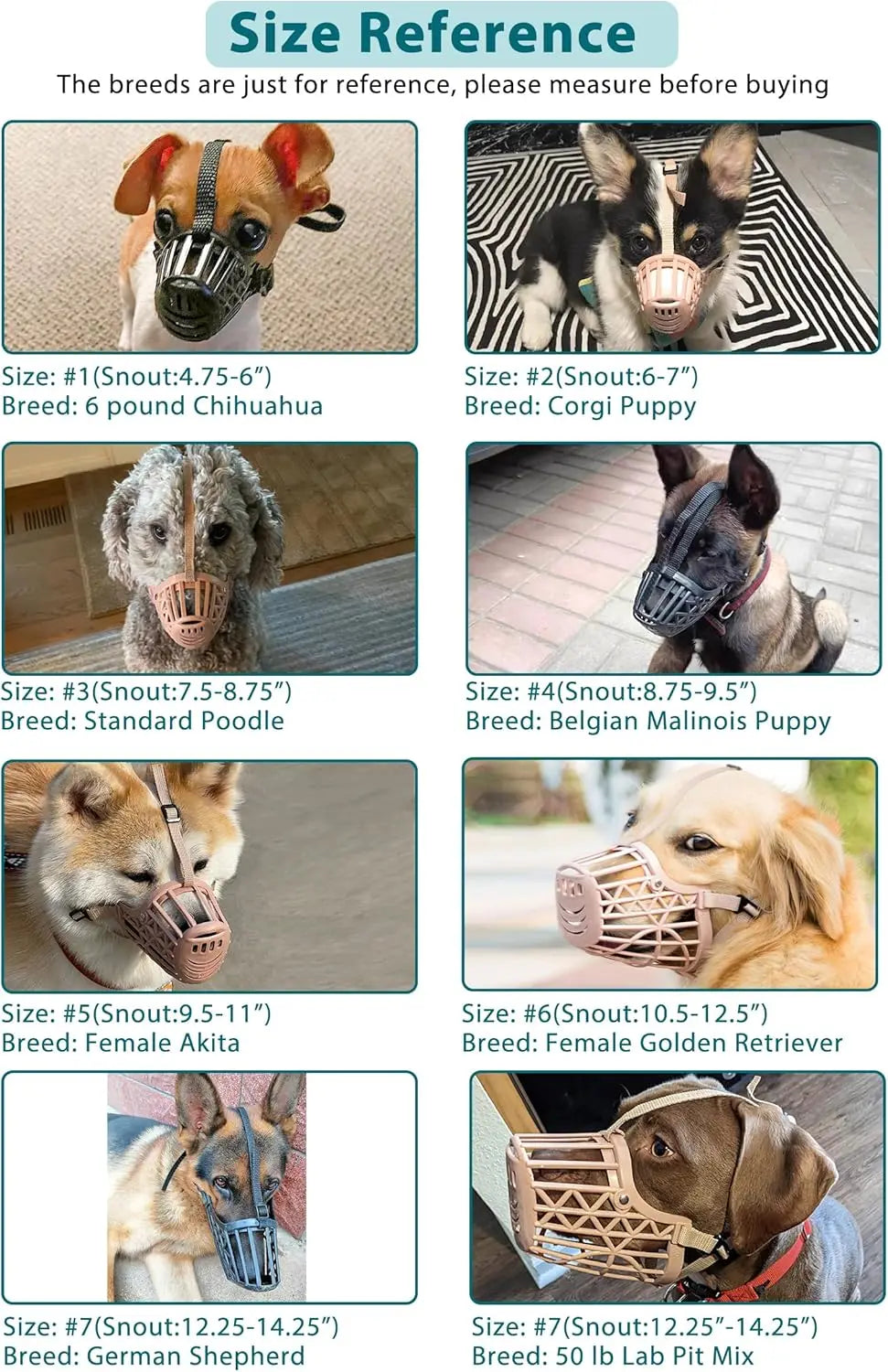 Reference guide showing various sizes of adjustable anti-bite dog muzzles for different breeds like Chihuahua, Corgi, Poodle,