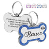 Silver and blue glitter pet ID tags featuring a paw print design with the name Bauer engraved.