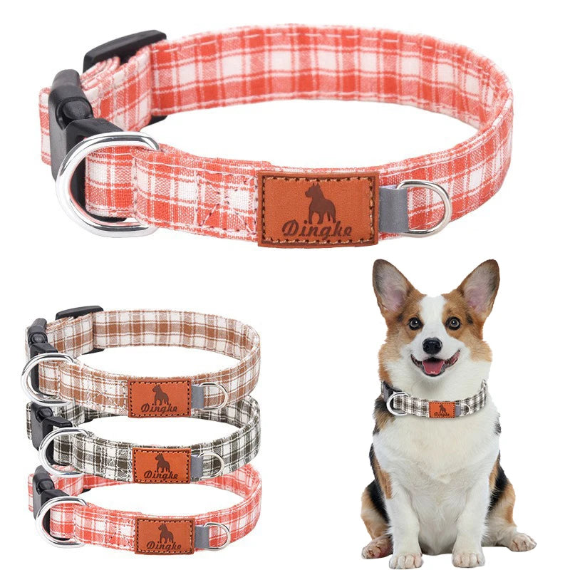 A set of plaid polyester dog collars in red and white patterns for dogs.