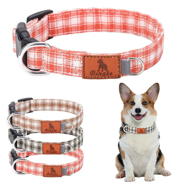 A set of plaid polyester dog collars in red and white patterns for dogs.