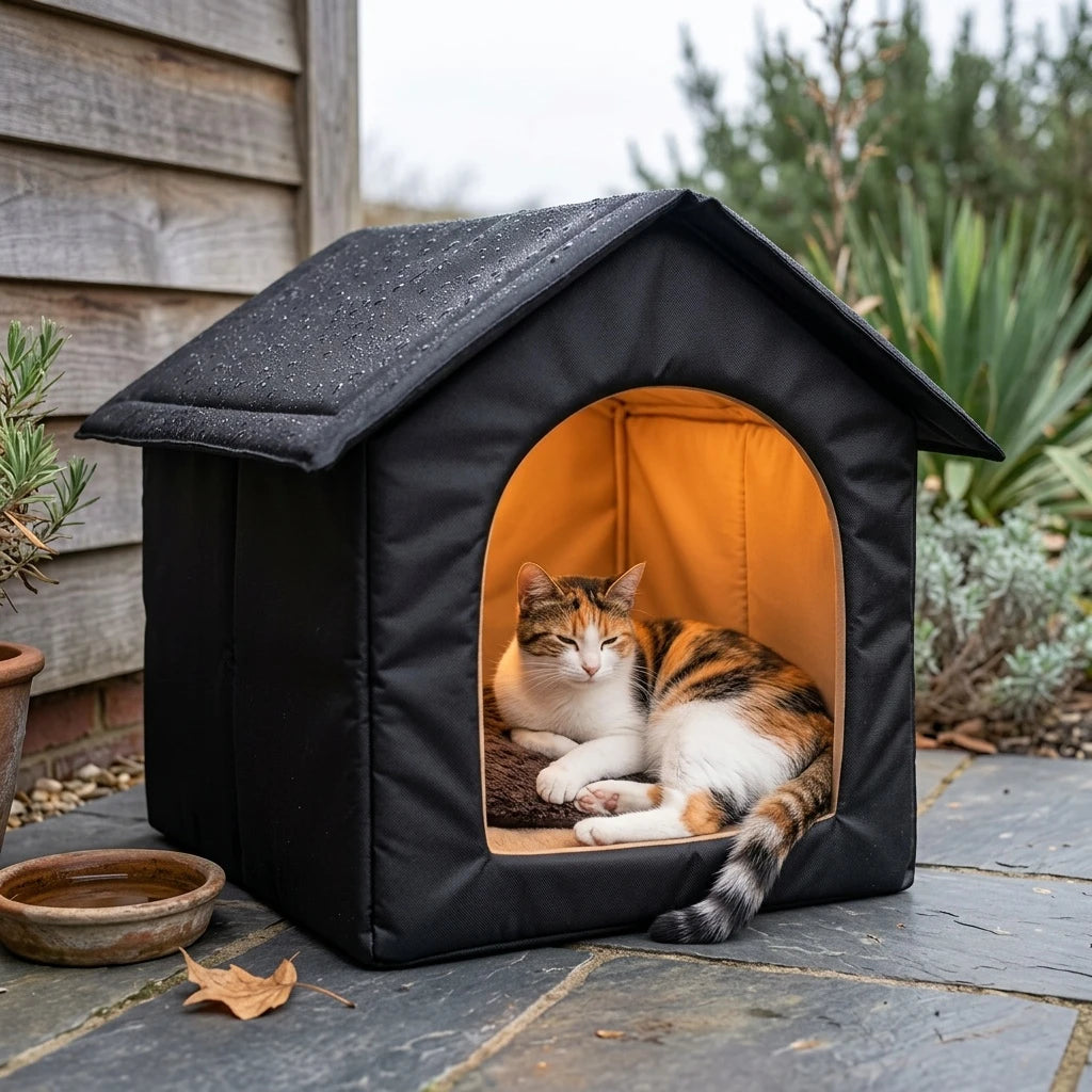 A black waterproof insulated cat house with an arched entrance sits on a stone patio next to some greenery.