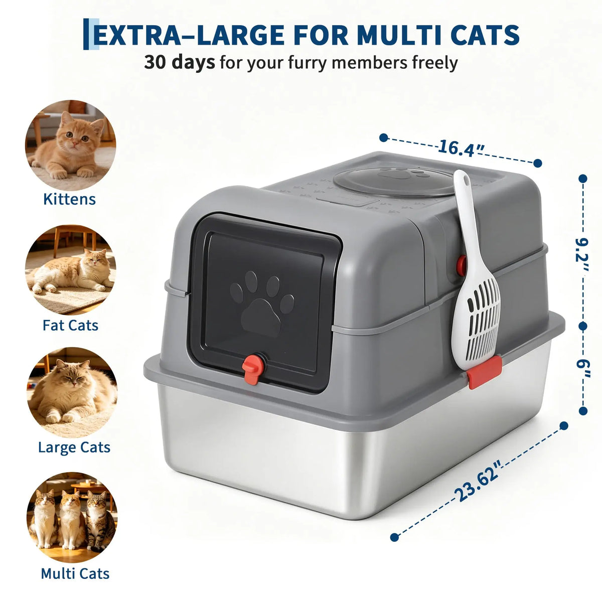 A stainless steel enclosed litter box for multiple cats, shown with various cat breeds and sizes.