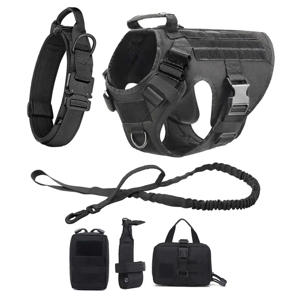 Tactical Dog Harness with MOLLE Pouches and Collar Set