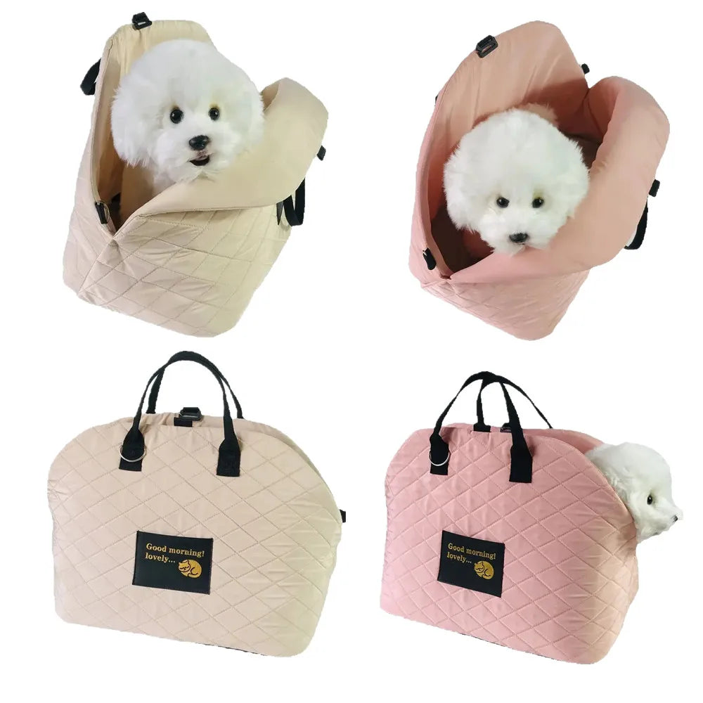 A set of portable soft-sided pet carriers for cats and small dogs in beige and pink.