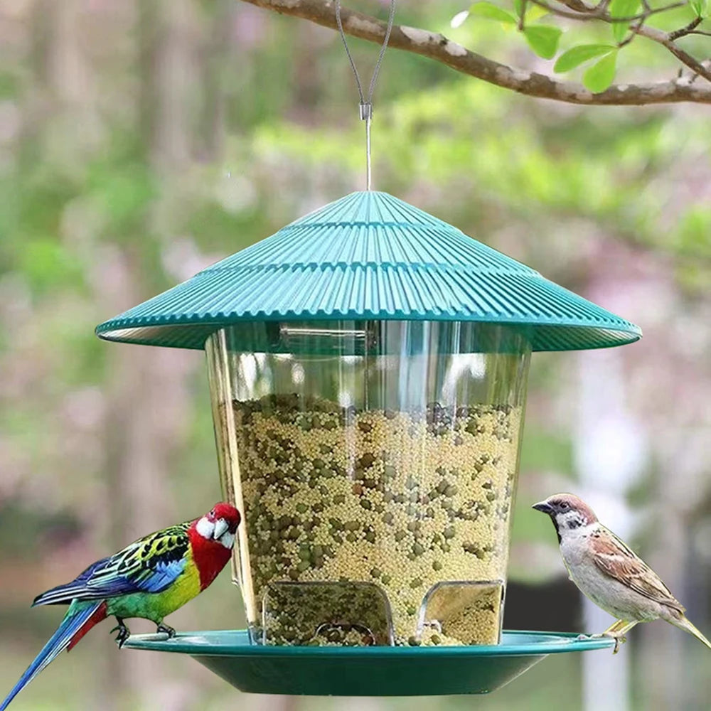A window-mounted bird feeder with a teal conical roof and clear viewing panel, featuring seeds and birds.