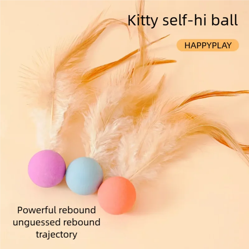 A set of three pink, blue, and orange elastic balls attached to fluffy feathers for a kitty self-hi ball toy.