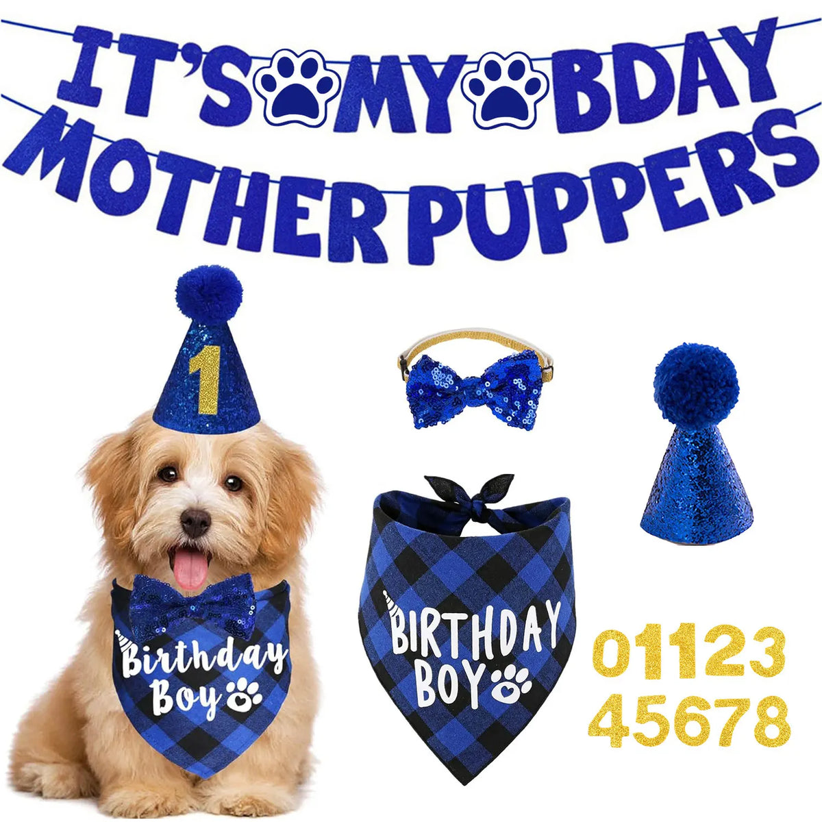 A dog wearing a birthday party bow and sitting in front of a banner that reads It's My Bday Mother Puppers