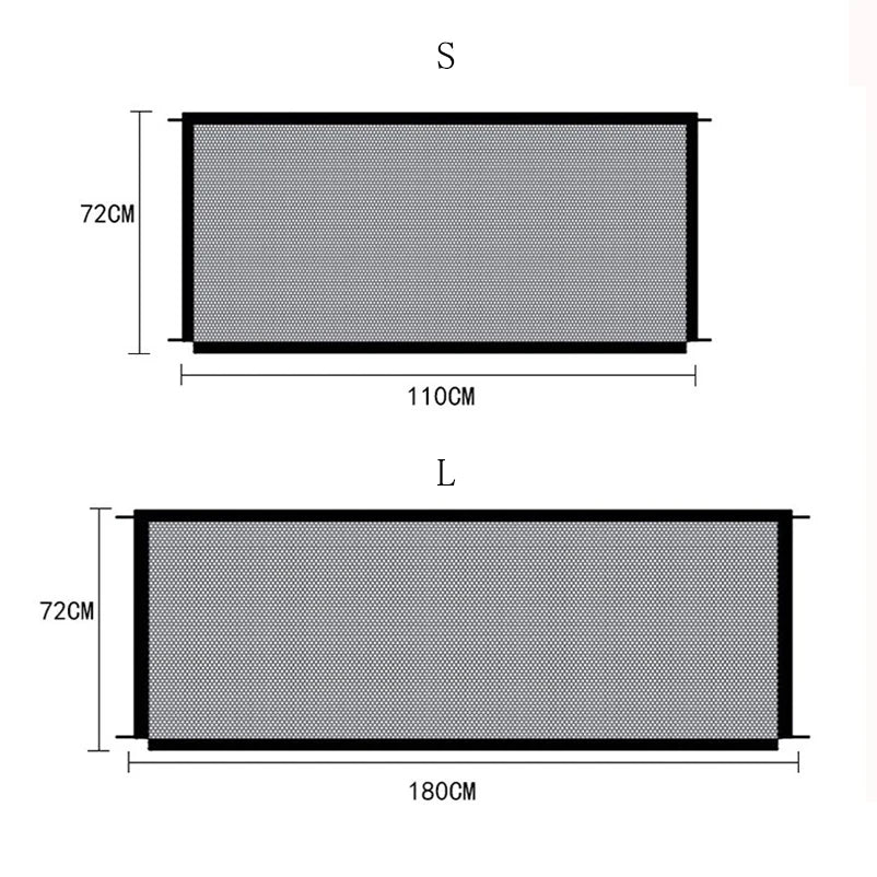 Diagrammes montrant les dimensions d'une clôture de sécurité pliable pour balcon d'animal de taille S et L.