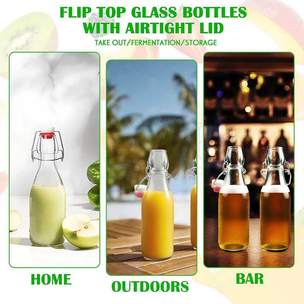Bouteilles en verre à couvercle avec couvercles hermétiques montrées dans un cadre domestique, extérieur et bar.