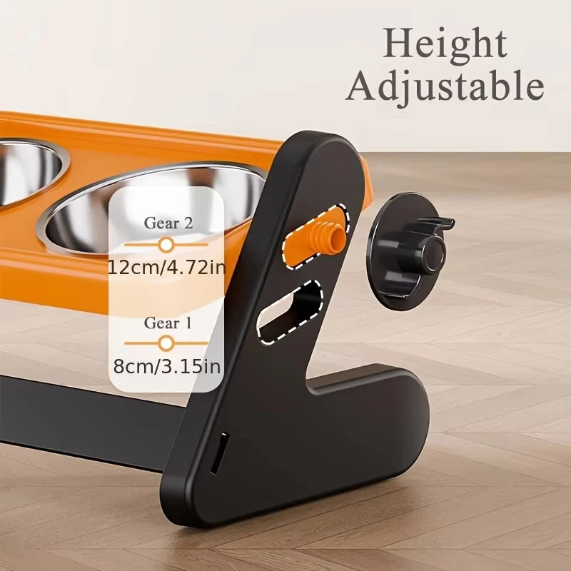 Orange and black adjustable raised cat bowl with gears for height adjustment