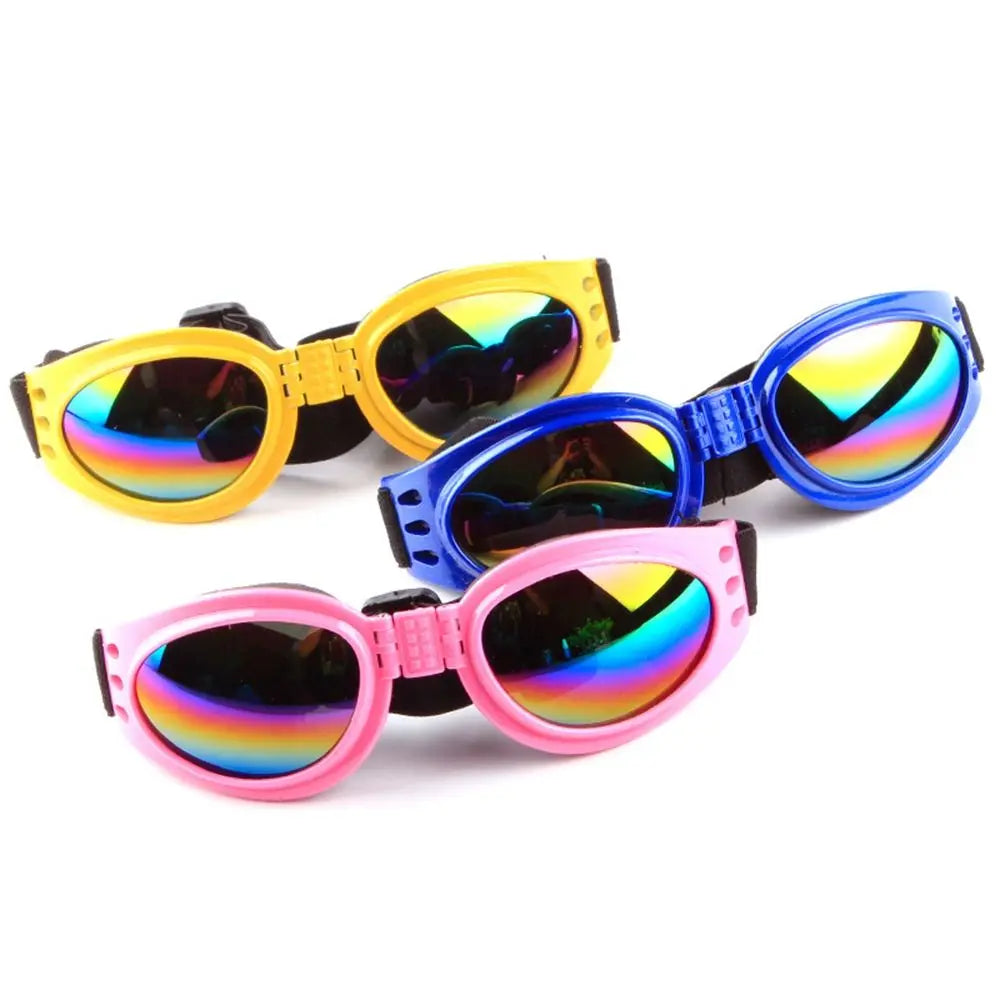 A set of colorful pet sunglasses featuring vibrant rainbow lenses and durable frames.
