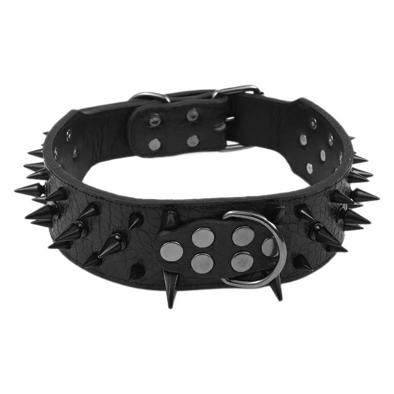 Black spiked leather dog collar for large breeds