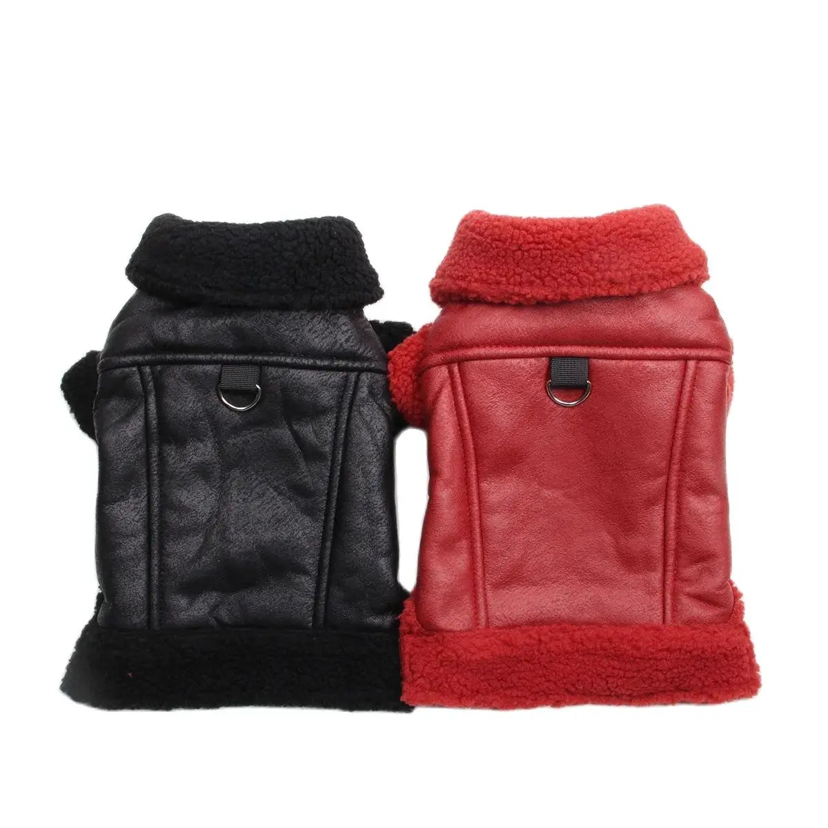 A pair of winter faux leather dog coats in black and red with fleece lining.