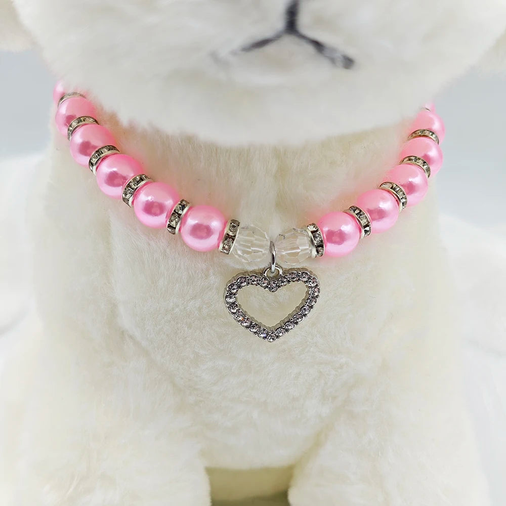 Pearl Pet Necklace with Heart-Shaped Rhinestone Pendant