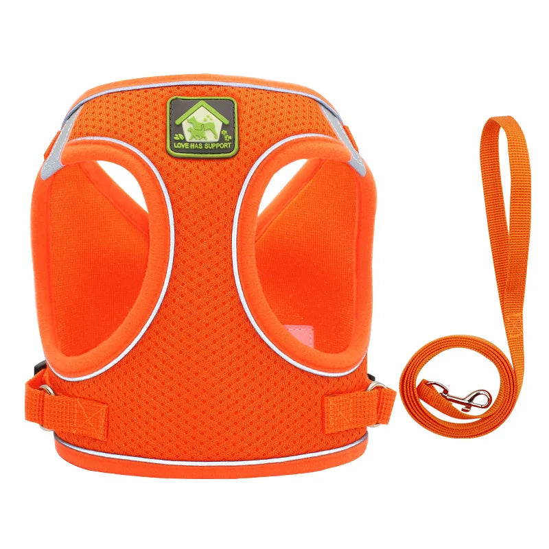 Orange breathable reflective vest harness for small and medium dogs with a strap