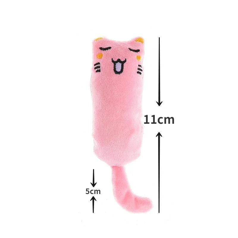 Rosa Katzenspielzeug in Form einer schlafenden Katze mit kleinem Schwanz, 11 cm hoch.