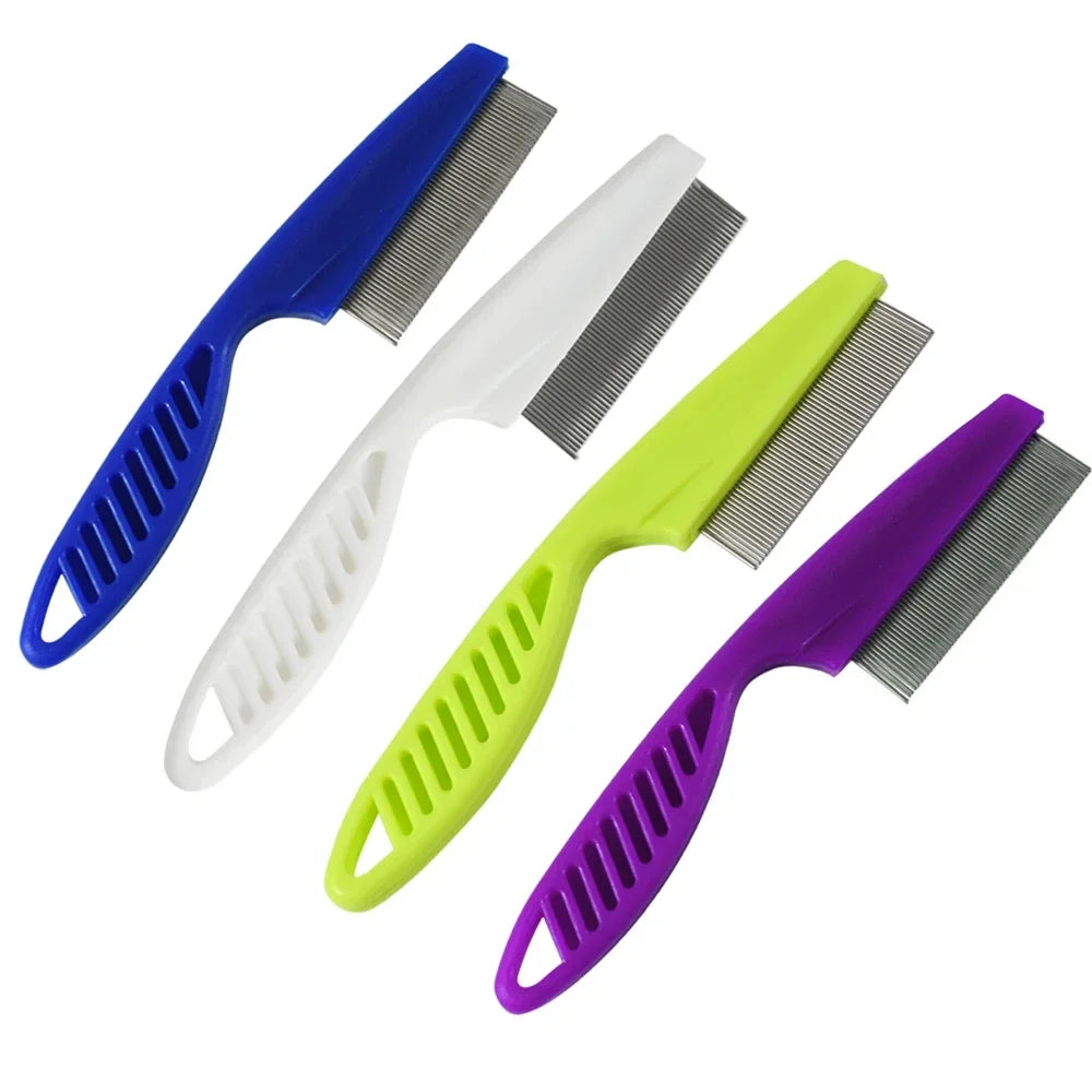 A collection of four plastic grooming combs in blue, white, lime green, and purple.