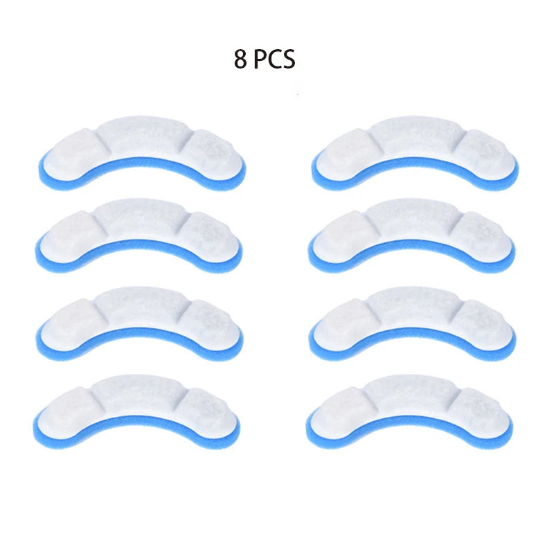 Eight silicone pet water fountain filters in light blue and white