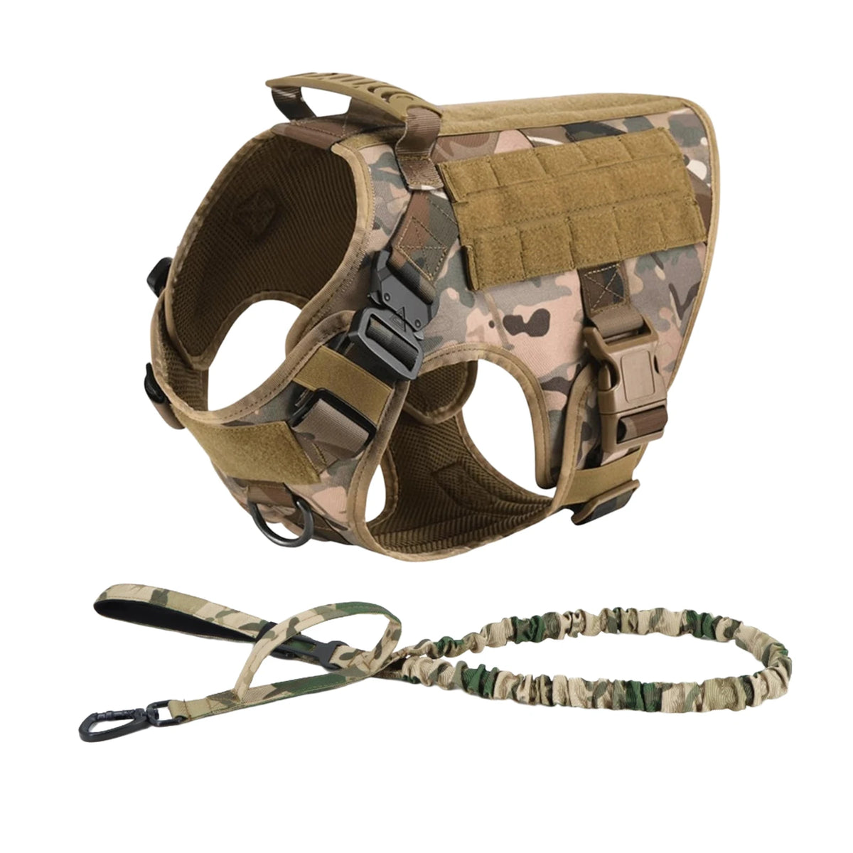 Tactical dog harness set featuring a padded collar, MOLLE pouches, and leash for large breeds.