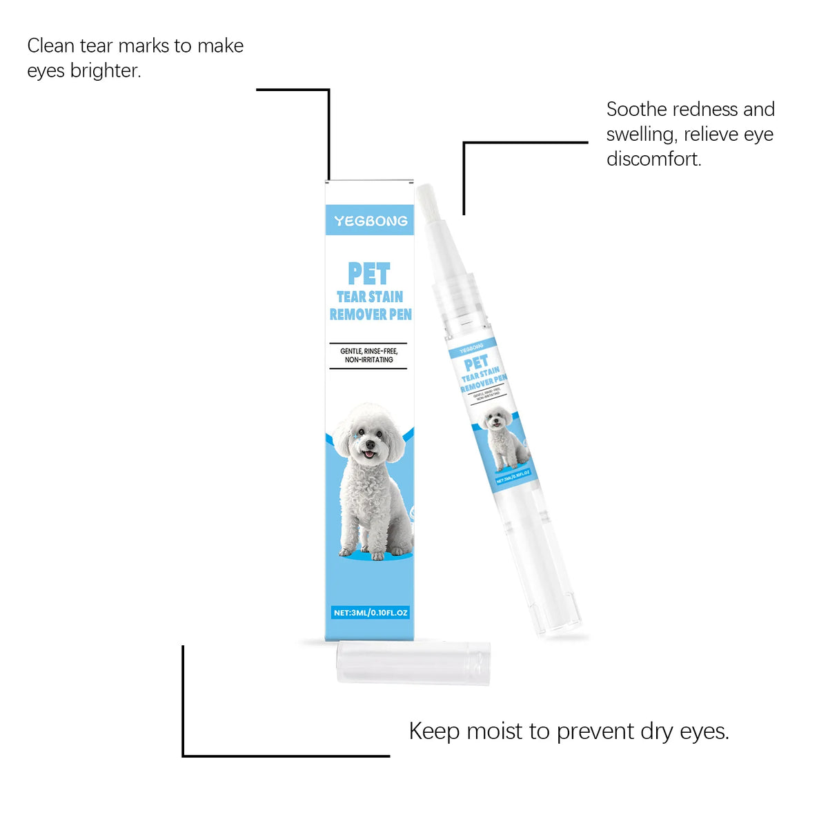 Yegbong Pet-Tear-Stain-Entferner-Stift, der die Rötung beruhigt und die Augen feucht hält.