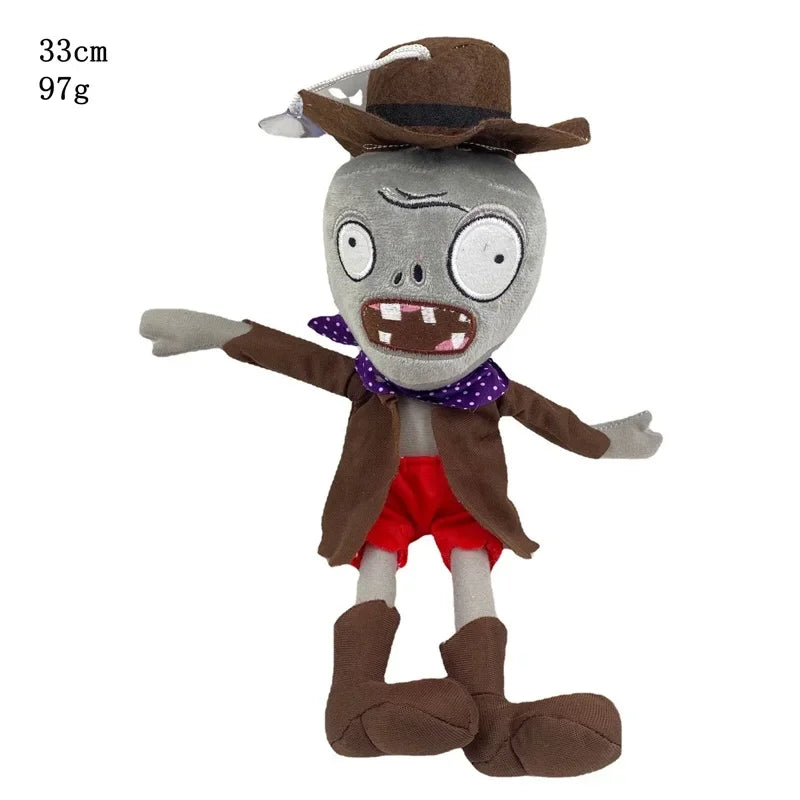 A plush toy of the Plants vs. Zombies Gargantuar with a gray skull face, brown clothing, and red shorts.