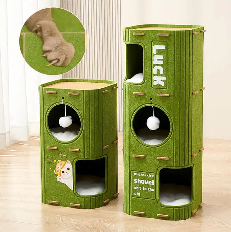 بيت قطط مغلق شتوي مع فتحة شجرة ولوح خدش متعدد الطبقات