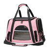 Pink and black foldable pet travel carrier bag with a breathable mesh window.