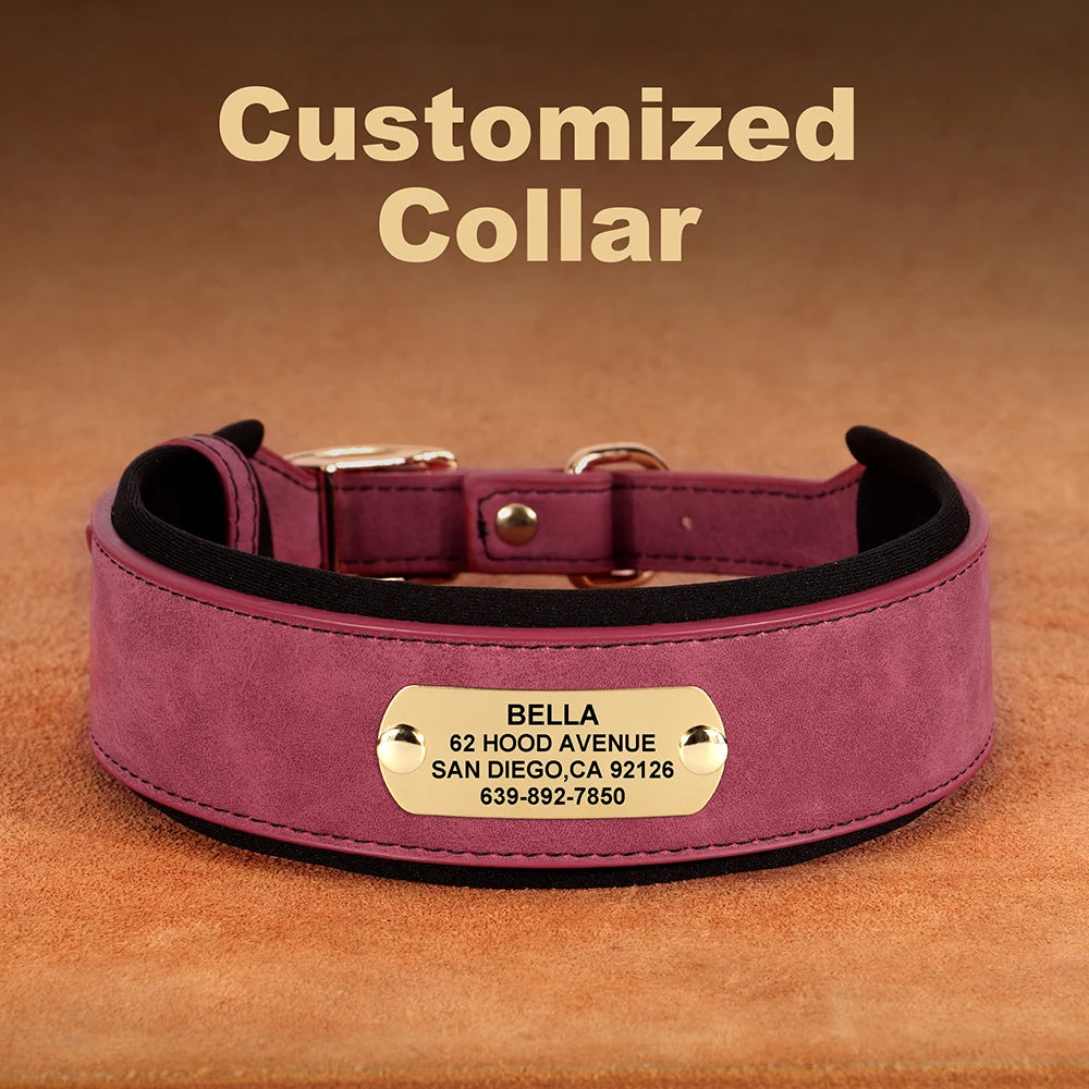 A purple PU leather dog collar with a gold name tag is displayed on a brown surface.