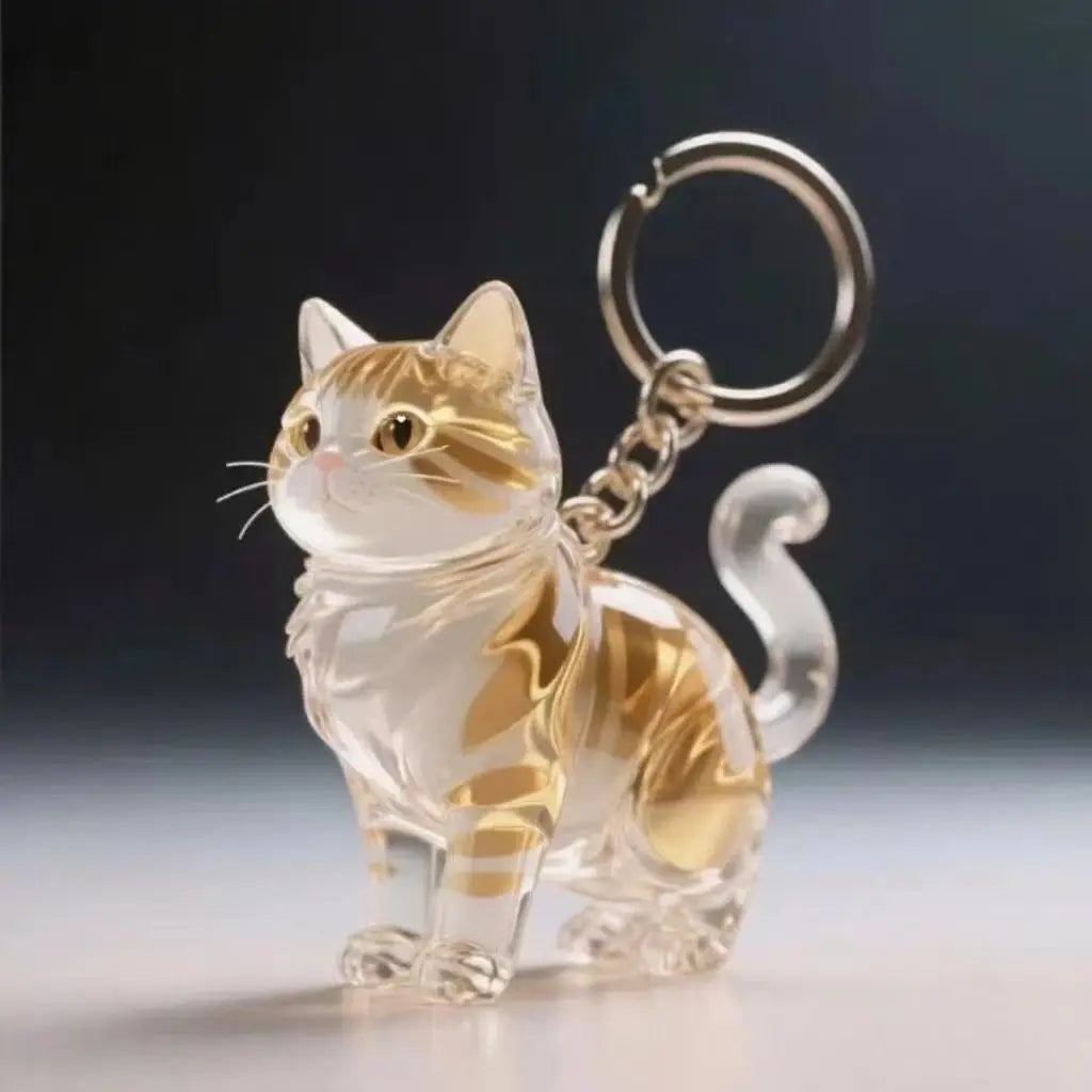 Figurine en verre clair d'un chat avec accents dorés, fixée à une clé en argent.