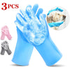 Three pairs of blue silicone pet bathing gloves with grooming teeth shown alongside a dog's paw.