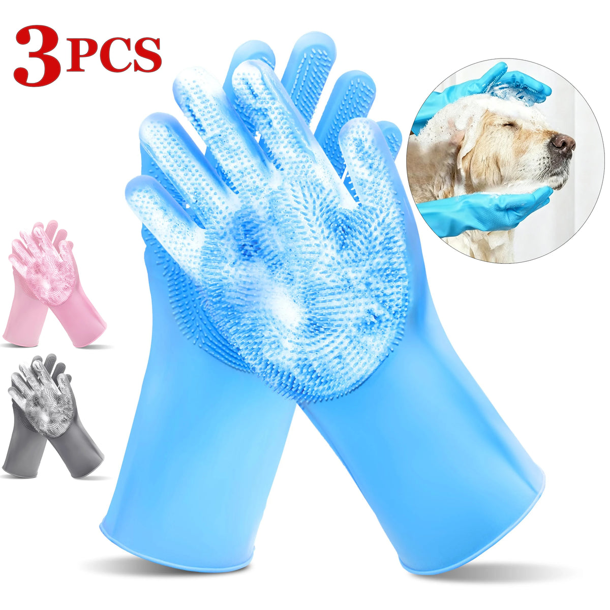 Three pairs of blue silicone pet bathing gloves with grooming teeth shown alongside a dog's paw.