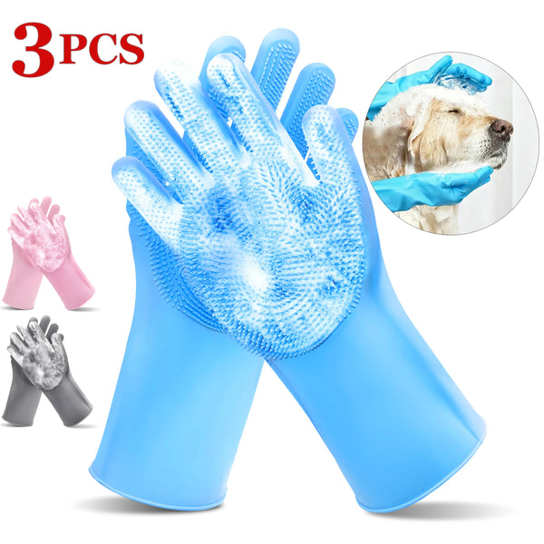 Three pairs of blue silicone pet bathing gloves with grooming teeth shown alongside a dog's paw.