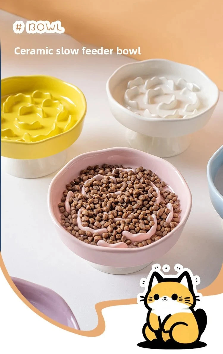 Ceramic Elevated Cat Bowl with Slow Feeder Design