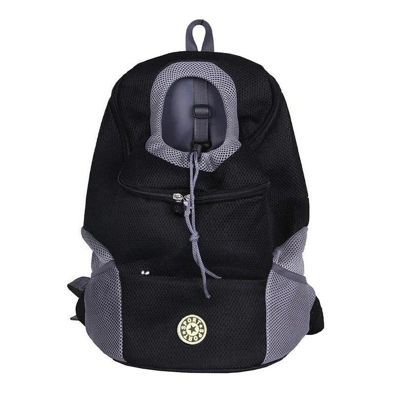 Black ventilated pet carrier backpack with gray mesh accents and a black top handle