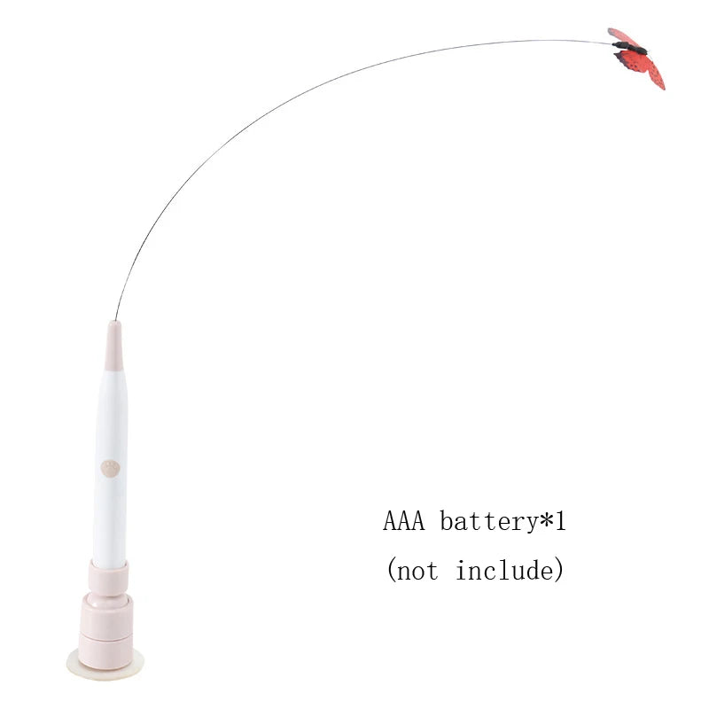 A white electric rotating butterfly cat toy with a suction cup base and an orange-red butterfly wing.