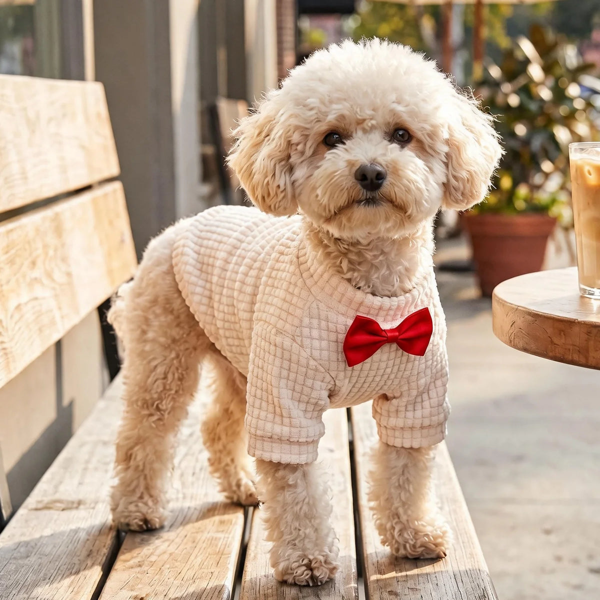 A fluffy beige waffle knit dog sweater with a red bowtie is displayed on a wooden surface.