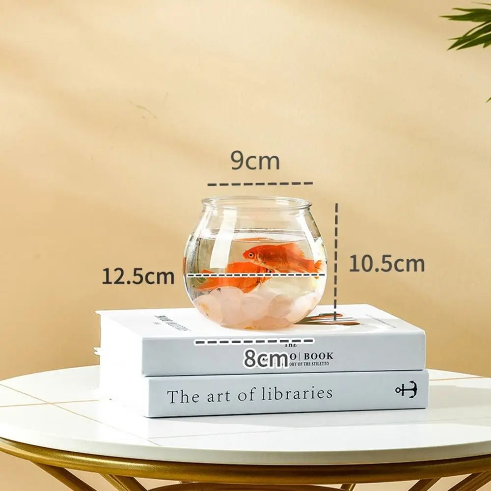 A clear glass bowl containing an orange betta fish is displayed on a white book.