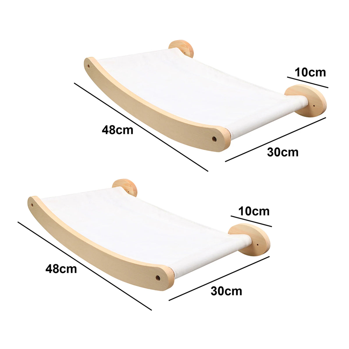 A wooden wall-mounted cat climbing tower with a white platform and natural wood supports.