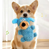 A small dog wearing a blue plush toy designed for squeaking.